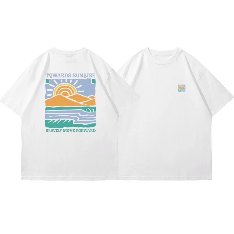 New American Retro Sun Mountain Sea and Sunrise Short-sleeved T-shirt with A Trendy and High-end Look Tops High Street Unisex