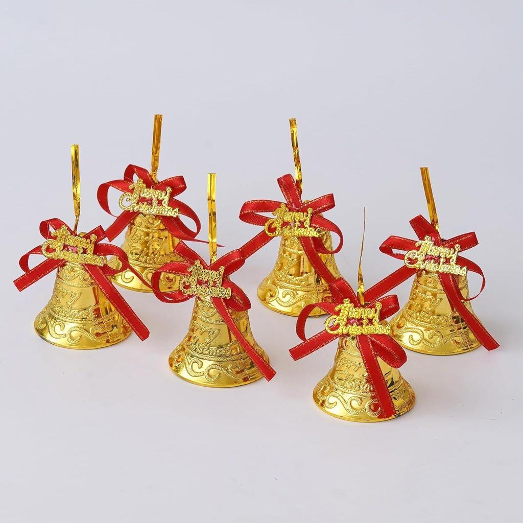 Merry Christmas Bells (Set of 6) Golden Jingle Bells with Red Ribbon | Christmas Tree Decoration Items