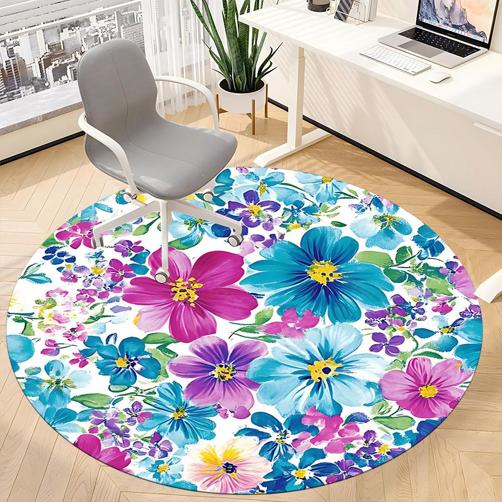 1PC Floral Pattern Office Round Area Rug, Mat Suitable For Office, Under Office Chairs Bedroom Living Room Home Decor, Room Deco