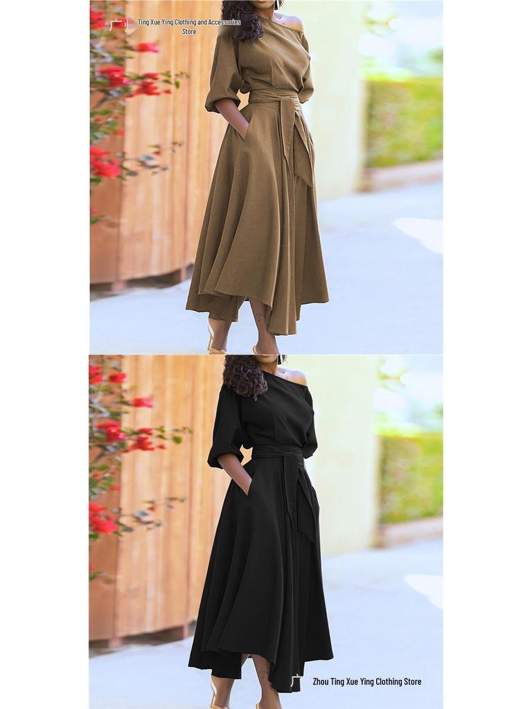 Spring Women's Elegant One-Shoulder Dress with Cinched Waist