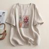 Retro Print Katoen-Linnen Dames Losse Mid-Sleeve Ronde Hals Pullover T-shirt