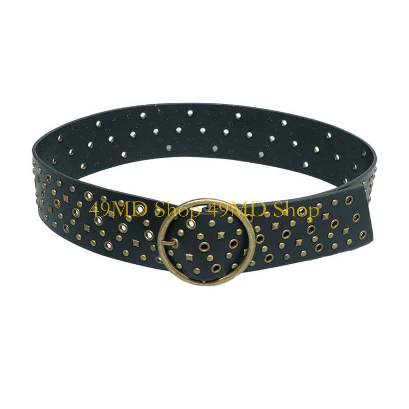 49MD Ladies Vintage Waist Belt with Rivet PU Wide Belt for Dress Jeans Adjustable