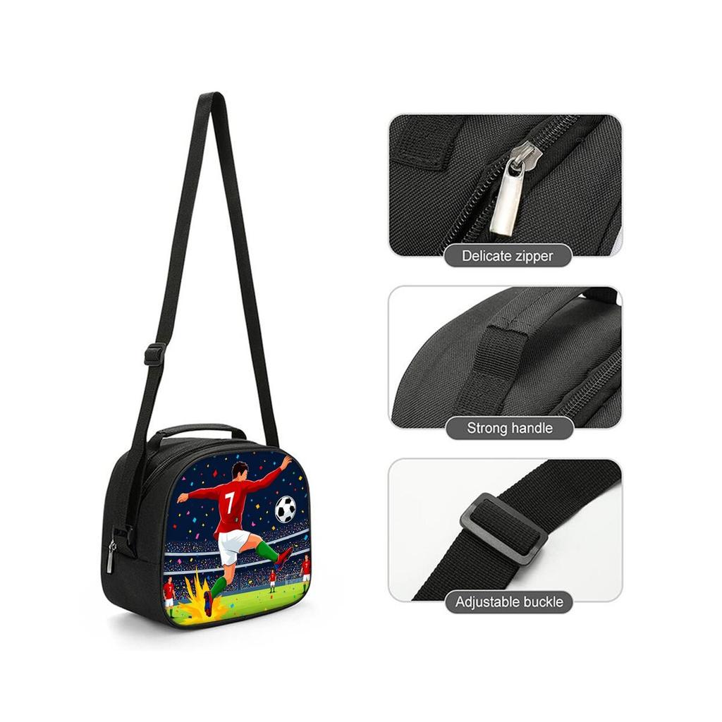 Football Shoulder Strap Circular Lunch Bag for Boy and Girls Best Gifts 2D Flat Cartoon School Bento Lunch Box Bag for Children