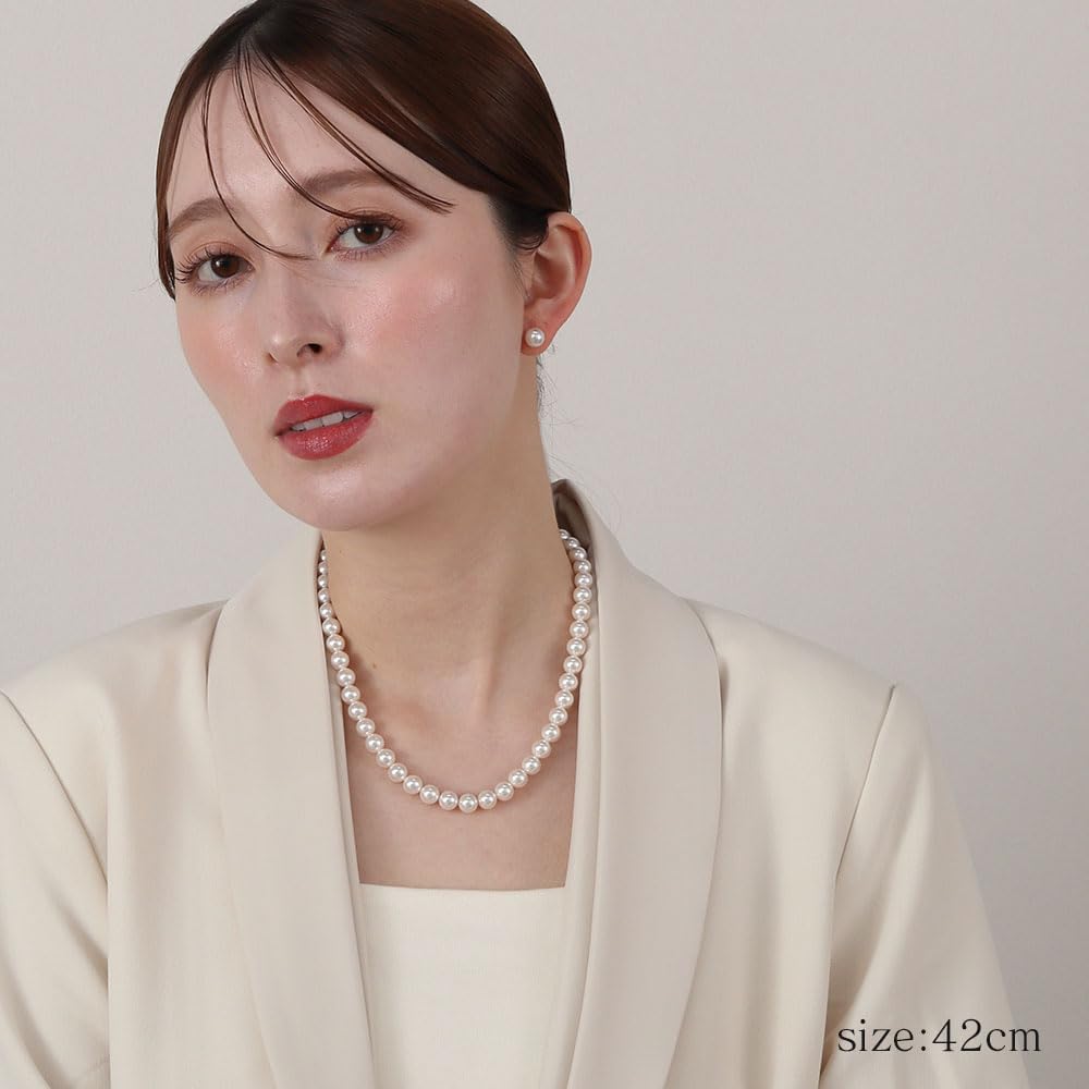 [VOTRE COUTURE] Pearl Necklace Set, 8mm Silver Earrings, 10-Year Brand Warranty (45, Resin Earrings (with dedicated case))
