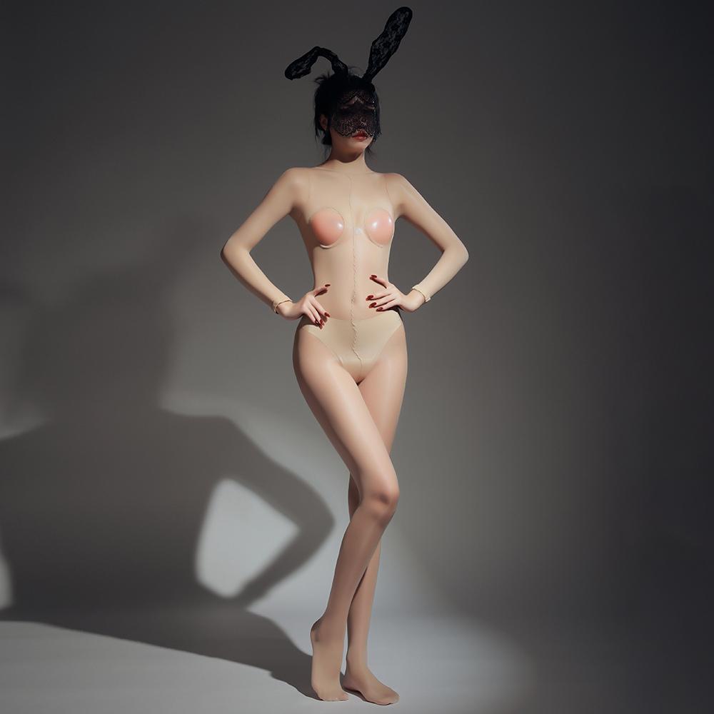 Sexy Women Open Bust Hollow Out Maid Bodysuit Elastic Tights Oil Glossy Shiny Tight Jumpsuit Shaping Leotard Open Crotch