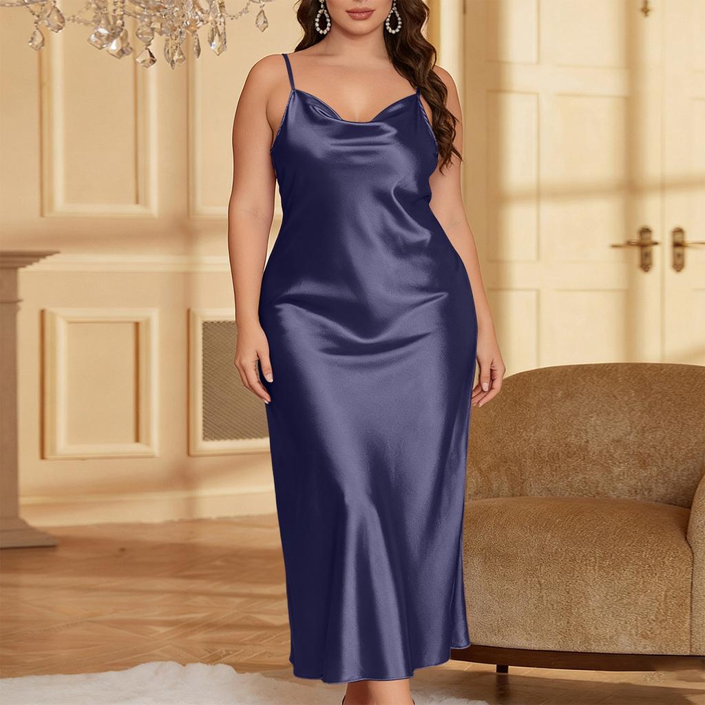 Women Plus Size Satin Slip Dress Adjustable Spaghetti Strap V Neck Midi Length Nightgown Lingerie Sleepwear Chemise