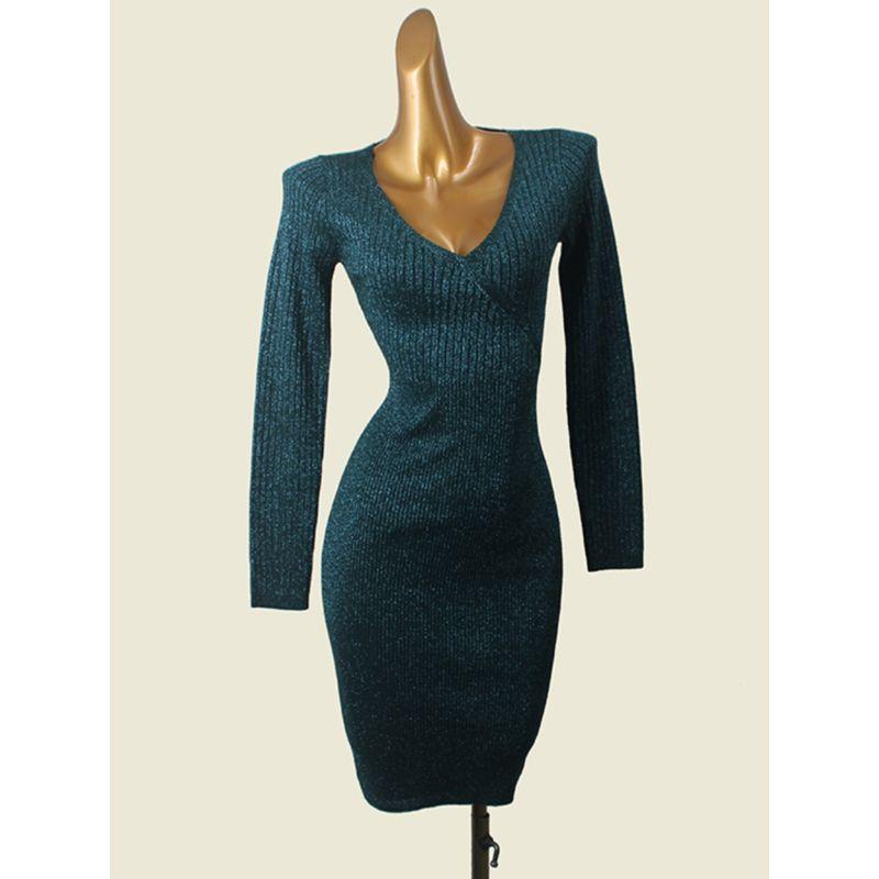 Export V Neck Long Sleeves Knitting Dress Women's Autumn 2024 Silver Silk Silm Waist-Tight Package Hip Sweater Dress