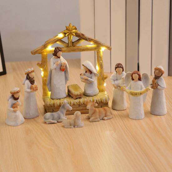 12Pcs LED Nativity Scene Set Resin Christmas Manger Angel Figurines with Star Light Holiday Tabletop Decor for Home Church