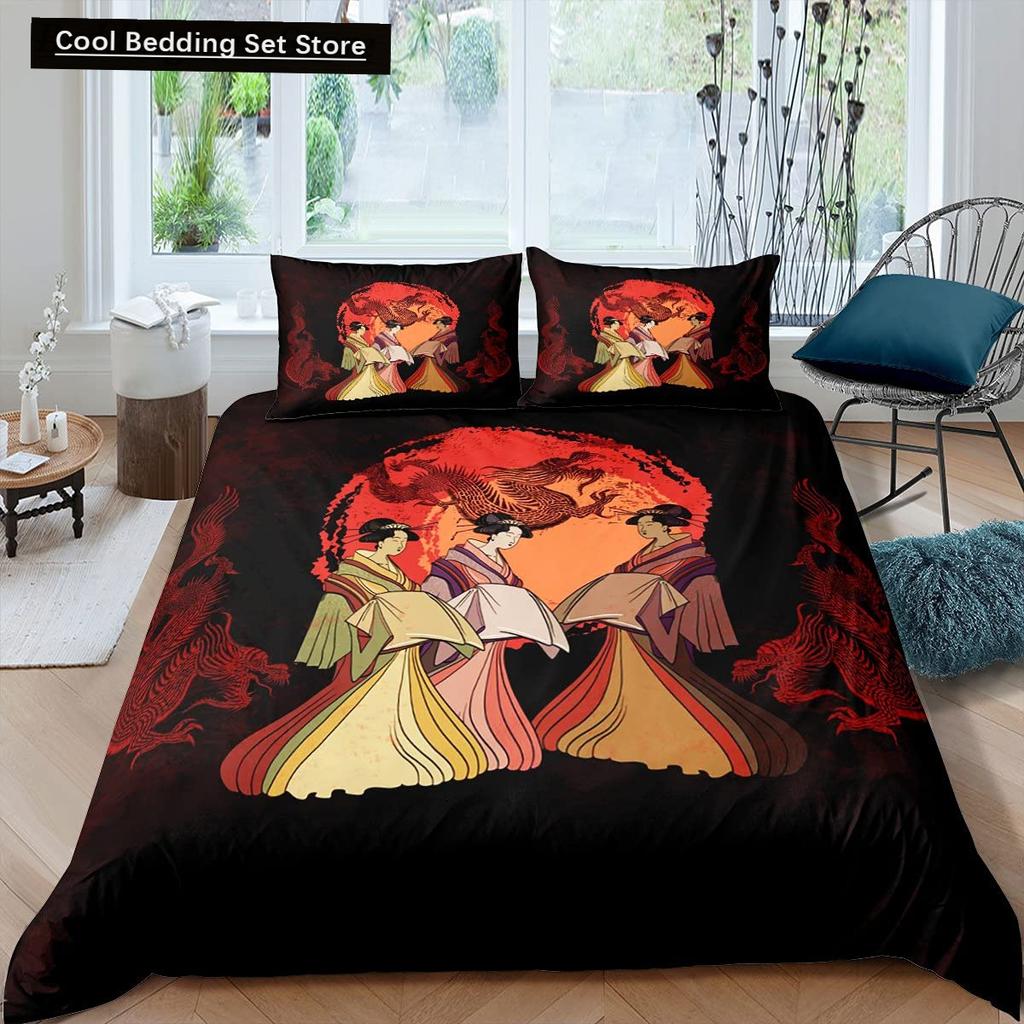 Japanese Style King Queen Duvet Cover Koi Fish Cherry Bedding Set Ukiyo-E Geisha Quilt Cover Sun Crane Polyester Comforter Cover