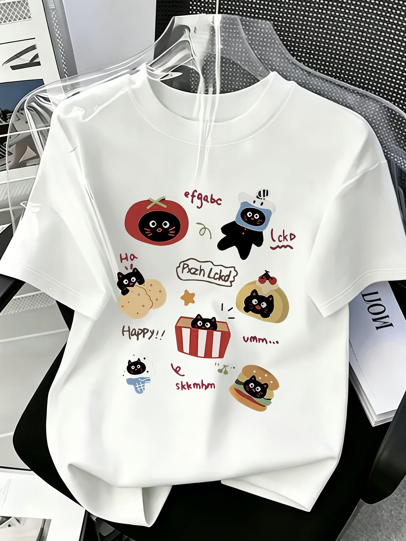 Cute Black Cat Snack Collage Hand Drawn Print T Shirt Kawaii Cartoon Pet Unisex Casual Soft Short Sleeve Graphic Tee M
