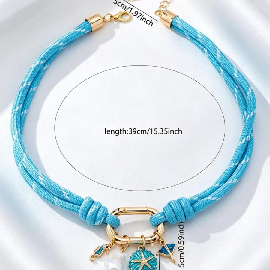Boho Ocean Braided Cord Necklace - Blue Enamel Starfish & Seahorse Pendant Choker Summer Beach Y2K Jewelry For Women