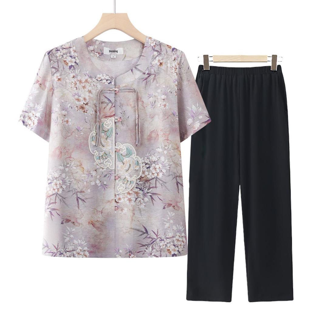 Chinese Style Summer Suit: Short-Sleeved Shirt & Cardigan Set for Middle-Aged and Elderly Women
