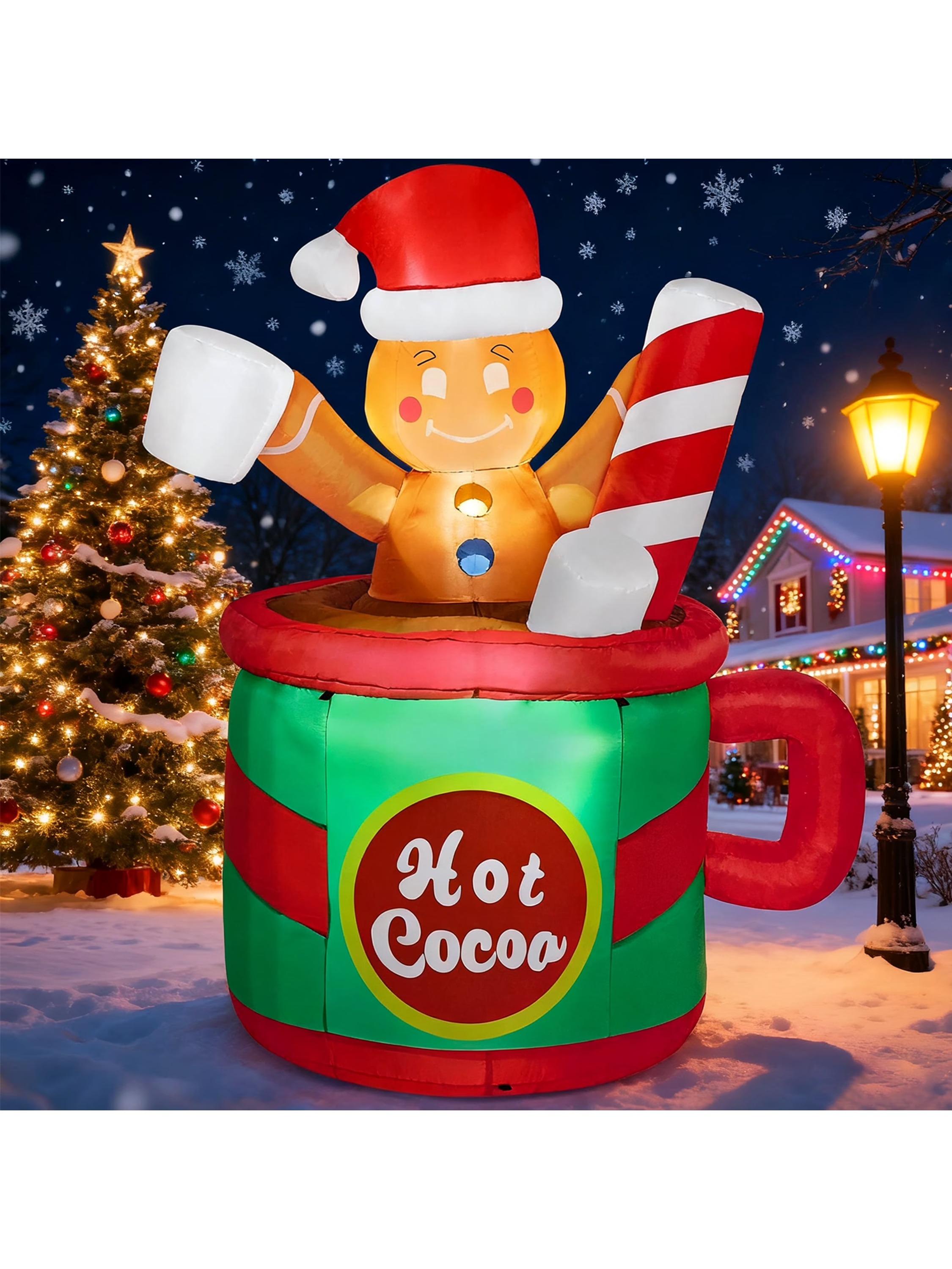 

Joyfy 6 ft Christmas Inflatables Gingerbread Man in Hot Cocoa Mug Blow with Built-in LEDs for Holiday Party Outdoor Decorations