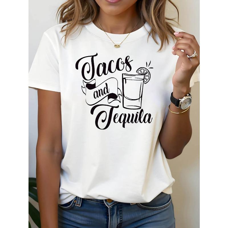 Women s Tacos and Tequila Mexican Food Theme T-Shirt - Tequila Glass & Slogan Decor Casual Short Sleeve, Black-White Minimalist Foodie Mexican Top S