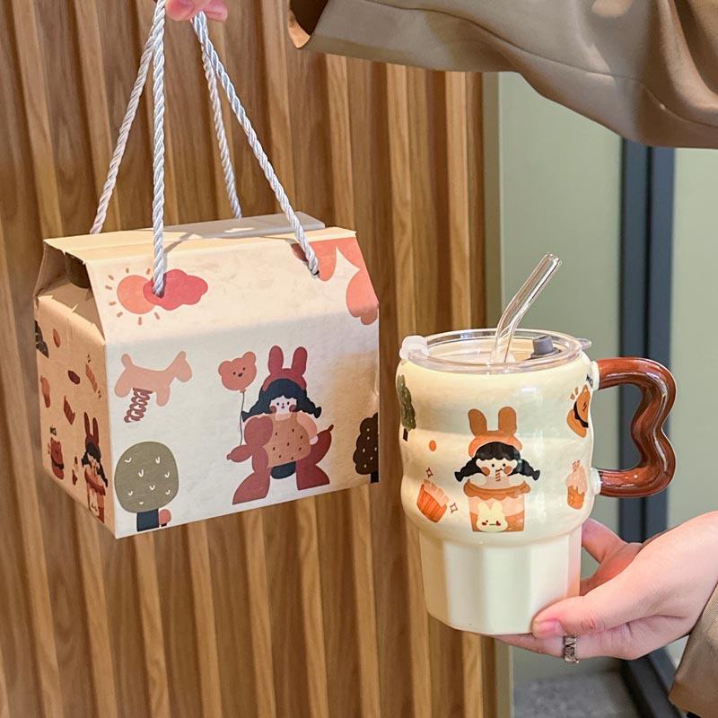 Birthday gift for girls, retro girl straw ceramic cup, cute mug with lid, girlfriend's souvenir gift box.