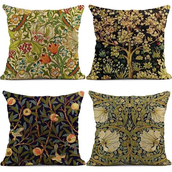 Maximalist Throw Pillow Covers Set of 4 Vintage Floral Decorative Cushion Covers 18x18 Inch Linen Boho Outdoor Pillow Cases for Couch, Living Room