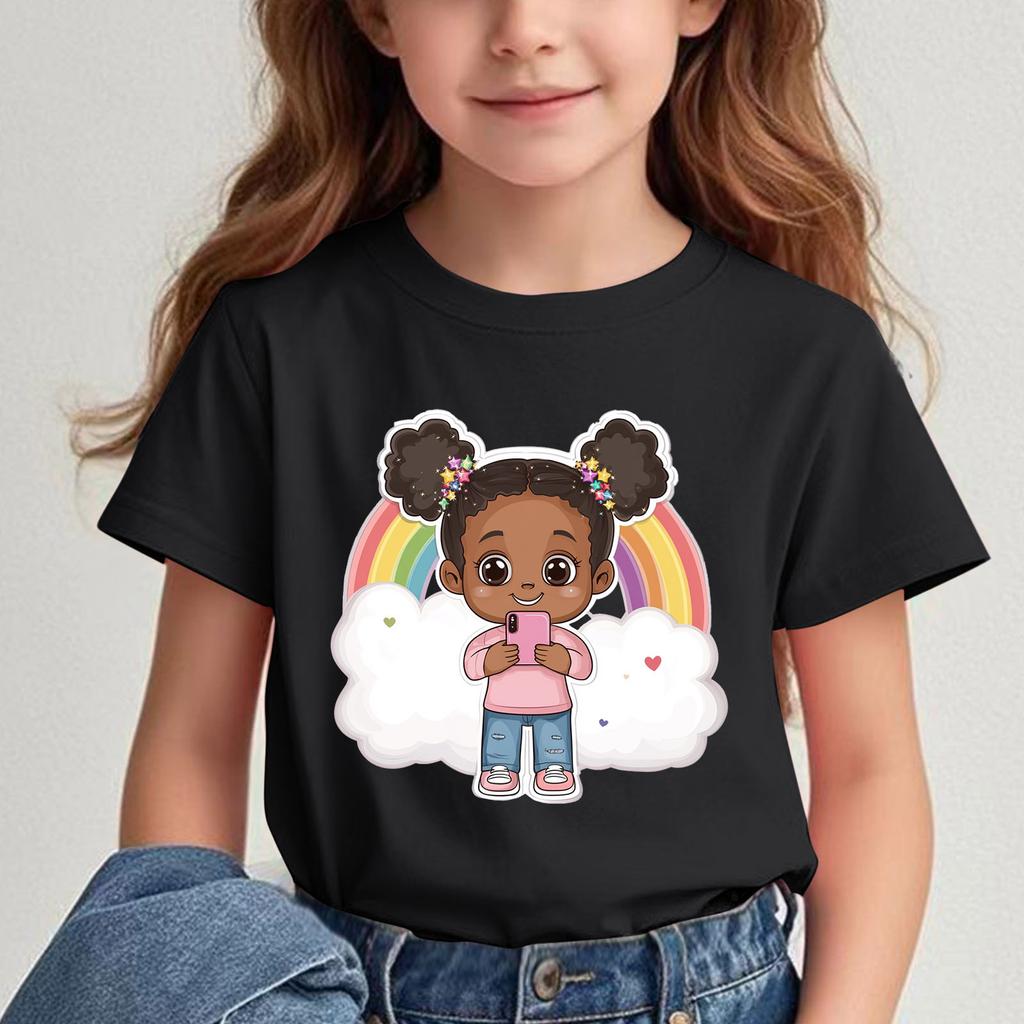 Girls New Cartoon Printed Shortsleeved Tshirt Summer Shortsleeved Tshirt Childrens Round Neck Top  polyester fabric