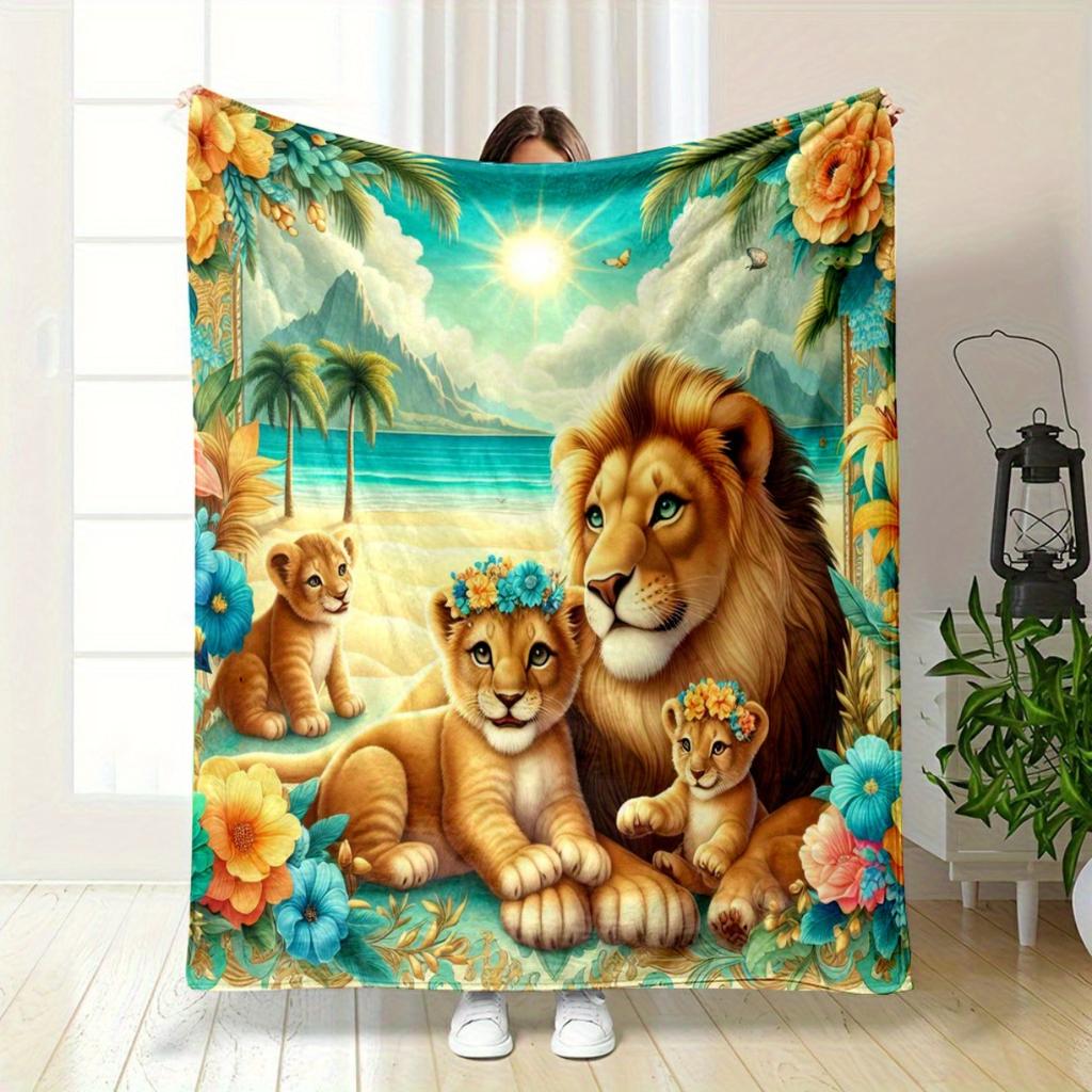 Lion and cub flannel blanket, suitable for sofas, beds, offices, travel, camping, Christmas gifts, and for friends and family.