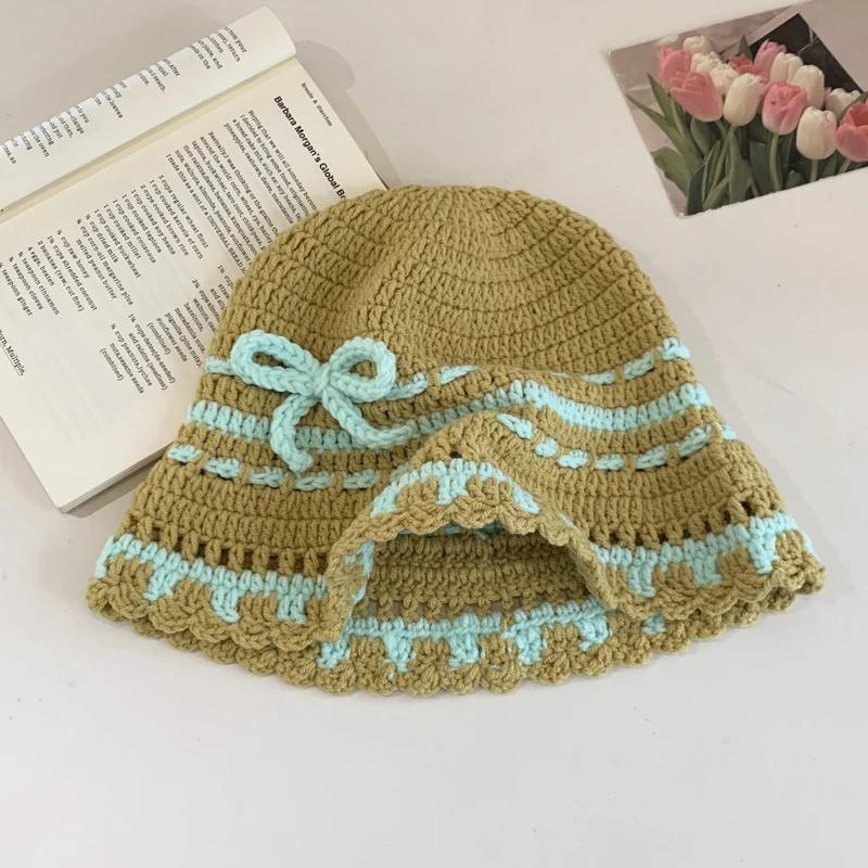 Y2K Korean-Japanese Hand Bucket Crochet Bucket Hats For Women Spring Autumn Winter Sun Cap Female Bow Designer Bob Basin Gorro