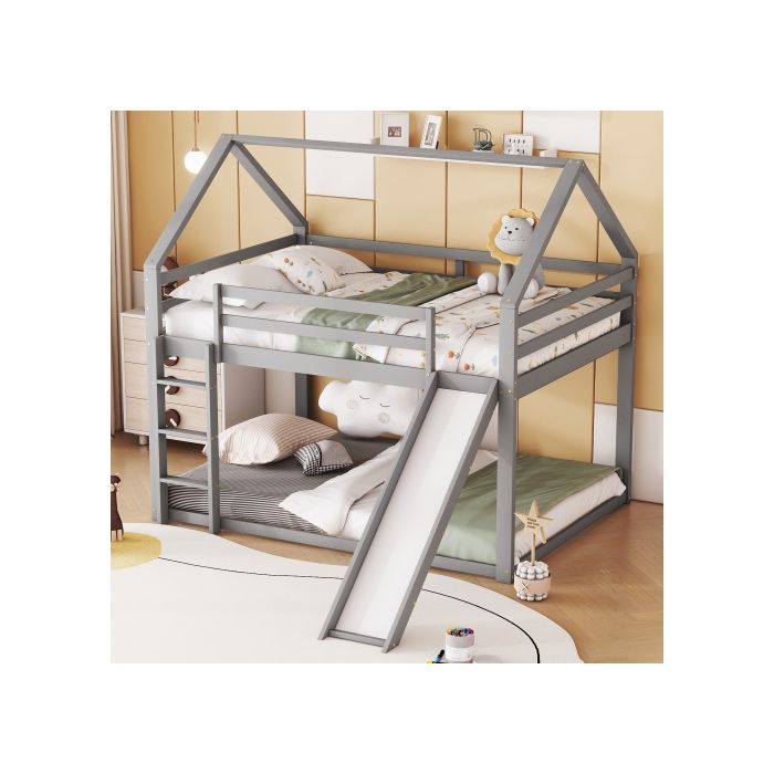 Pat supraetajat - MUVOE - 140x200 cm - Gri - Tobogan - Scară interschimbabilă