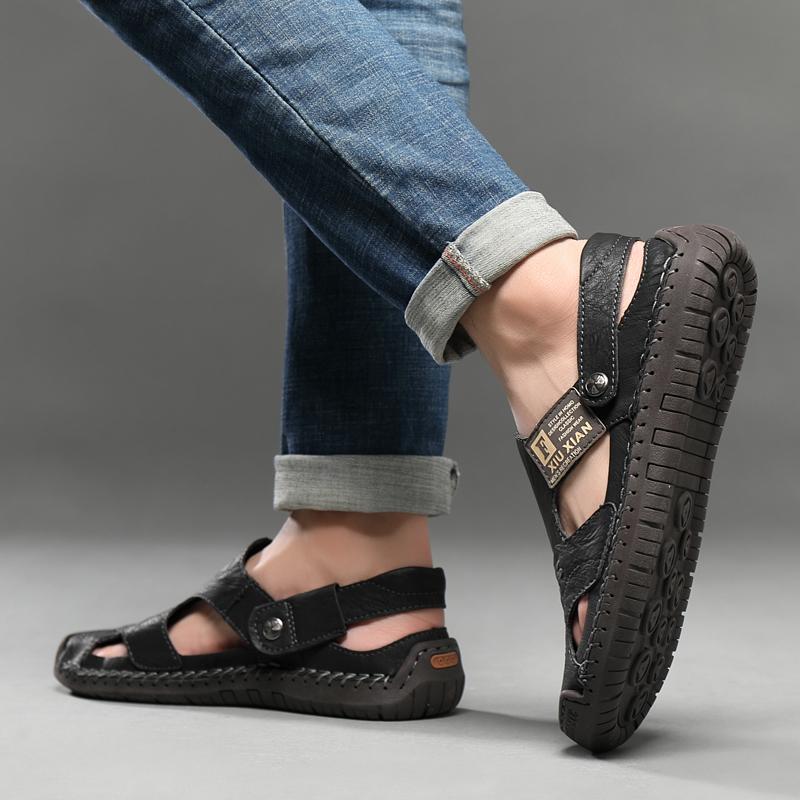 Men Sandals Black Leather Slippers Outdoor Summer Hiking Sandals Wide Head Beach Shoes for Father Plus Size
