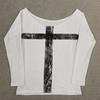 Y2K women's basic pullover round neck slim fit long sleeved personalized cross hot stamping print loose top