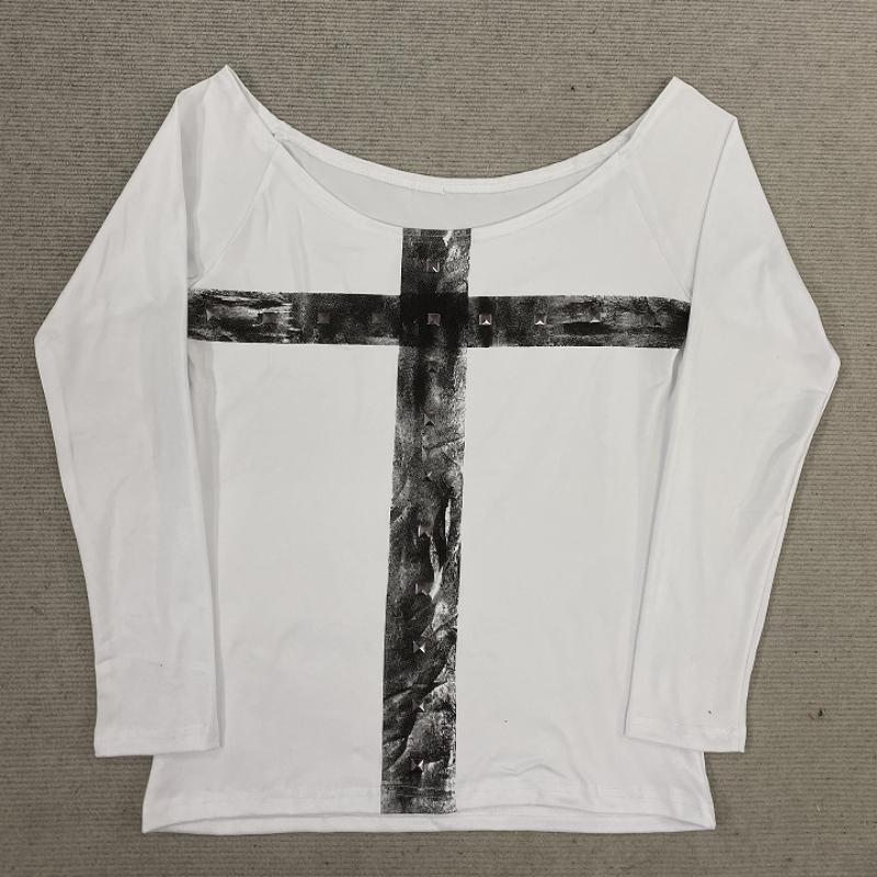 Y2K women's basic pullover round neck slim fit long sleeved personalized cross hot stamping print loose top