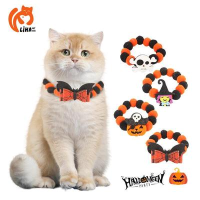 Halloweenský dýňový obojek pro mazlíčky s elastickou šňůrkou a kožešinovou bambulí pro kočky a psy