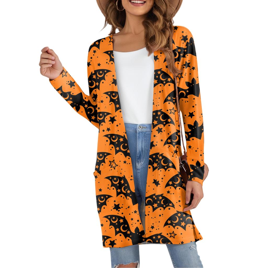 Women's Fashion Casual Comfortable Halloween Printed Mid-Length Cardigan With Pockets Jacket