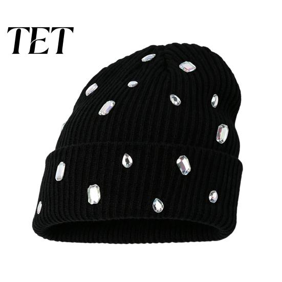 Punk Style Hat with Rhinestones Bling Rhinestone Knitted Hat, Street Knit Winter Fashionable Autumn Headwear Warm Skull Cap for Women Fashion