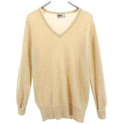70s Vintage Wool Long Sleeve V Neck Knit 3 Beige Sweater Men's Used