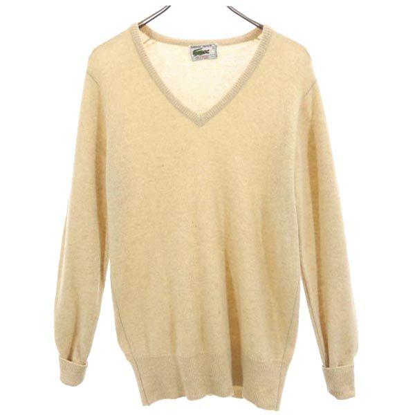 Lacoste 70s Vintage Wool Long Sleeve V Neck Knit 3 Beige Sweater Men's Used