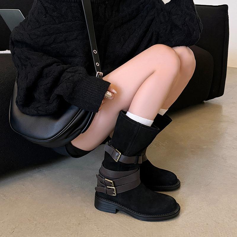 Fashion New Fashion Retro Style Women Western Cowgirl Boots Fashion Elegant Cross Strap Belt Buckle Shoes Low Heel Women's Mid Calf Boot