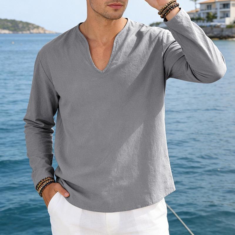 Men Casual Loose V Neck Long Sleeve Linen T Shirt Big Size