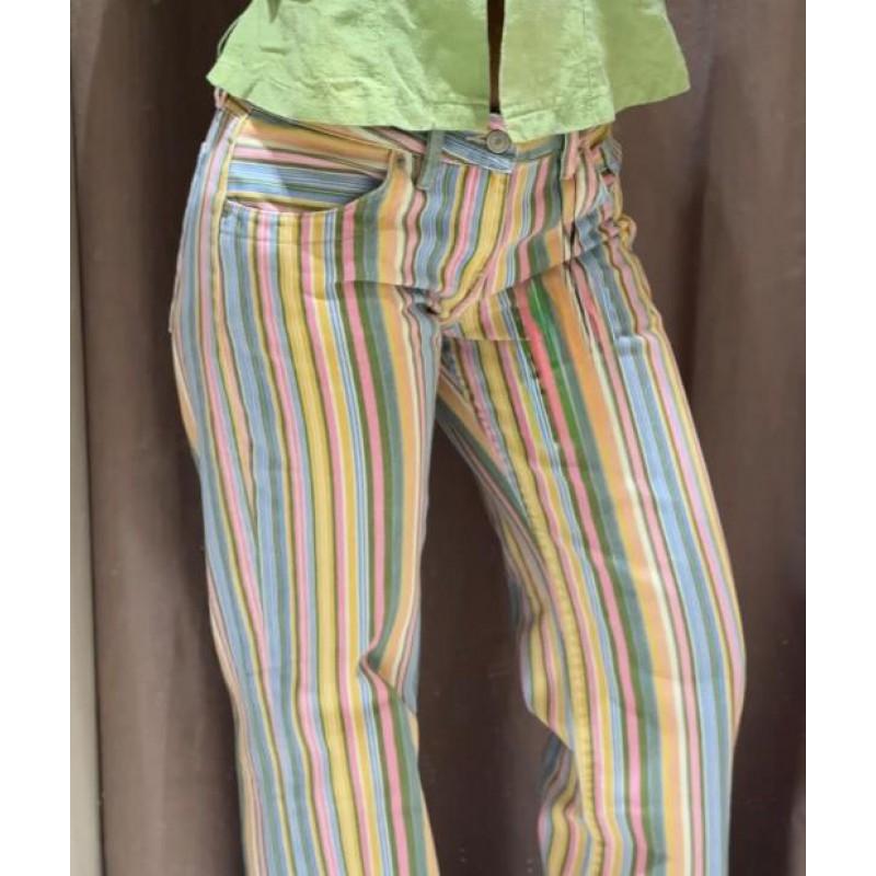 Y2K Low-Rise Straight Leg Denim Jeans Women Colorful Striped Design Casual Trendy Pant