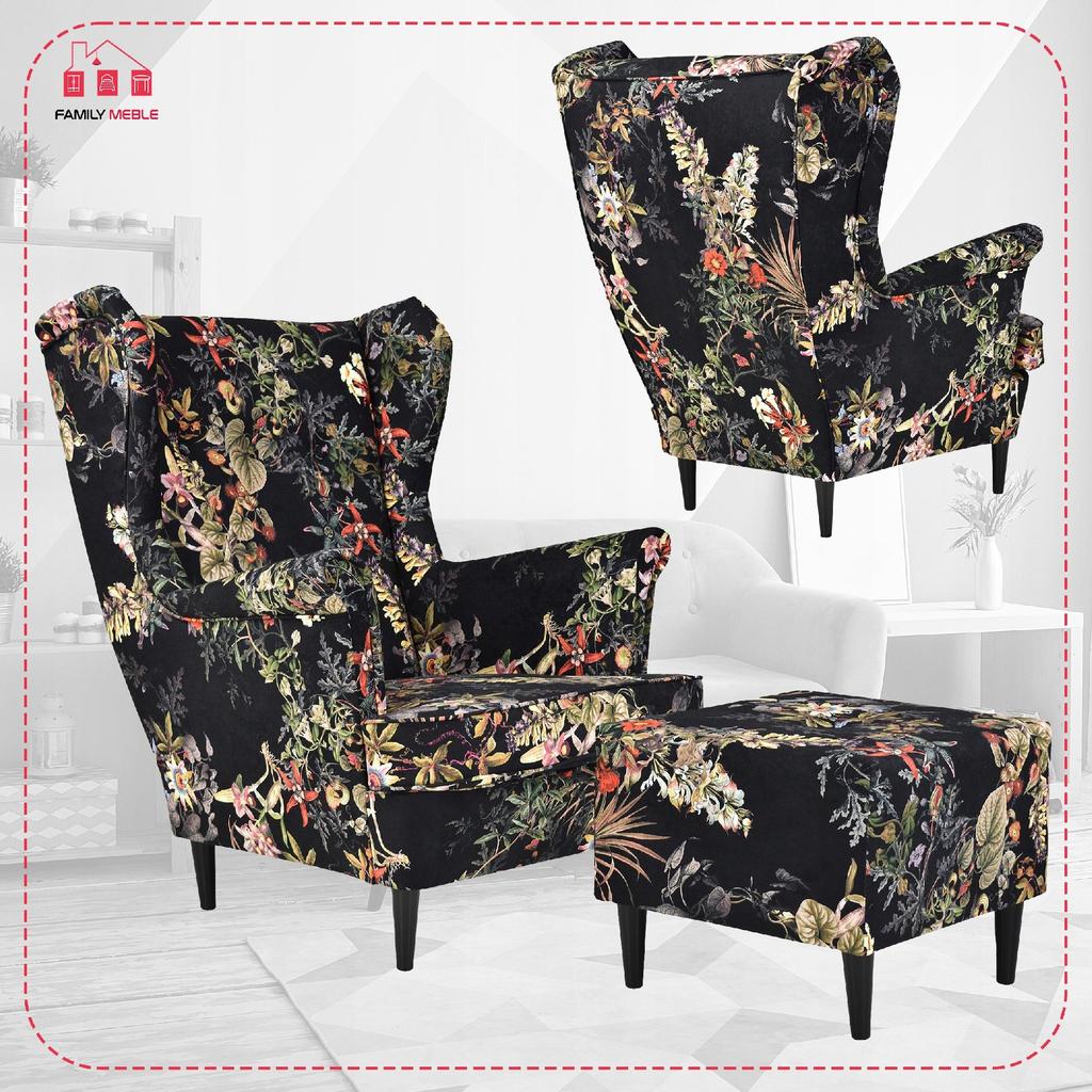 Křeslo ušák ARI PRINT s podnožkou, skandinávské Family Meble velurové