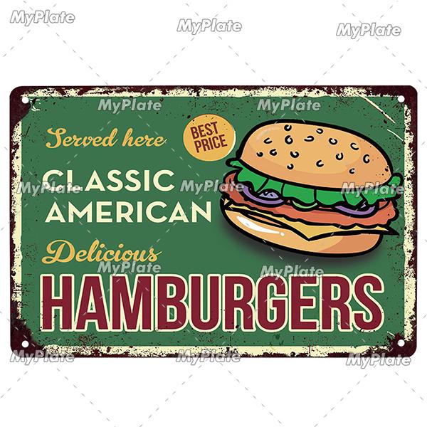 [MyPlate] Hamburger Metal Sign Plaque Metal Vintage Tin Sign Wall Decor For Club Man Cave Bar Decoration Tin Plate