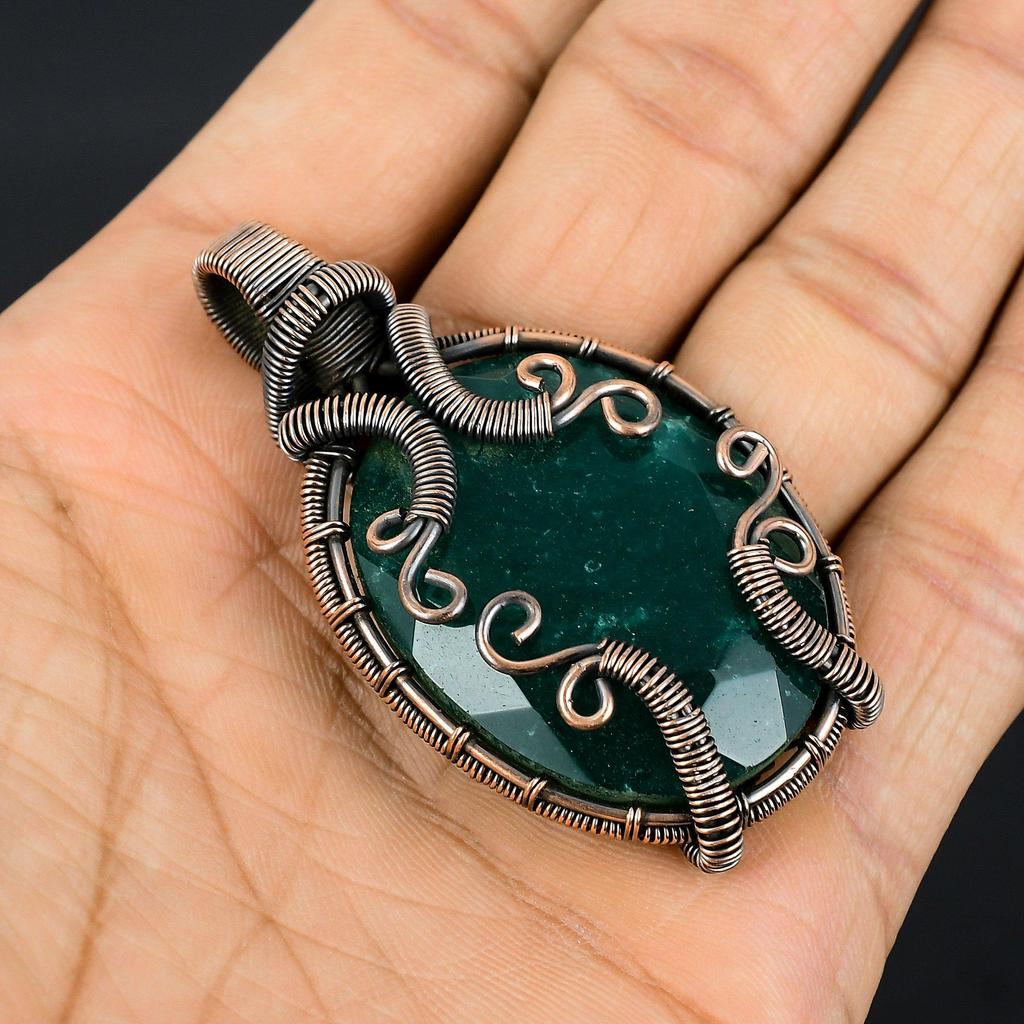 Emerald Pendant, 999 Copper Wire Wrapped Pendant Gemstone Jewelry, Handmade Pendant Amazing Jewelry, Gift For Her