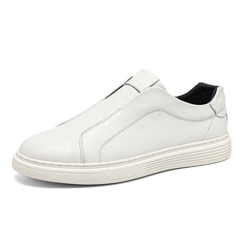 Men's Casual Slip-on Leather Loafers - British Style, Elastic Band, Versatile Youthful Design, White.