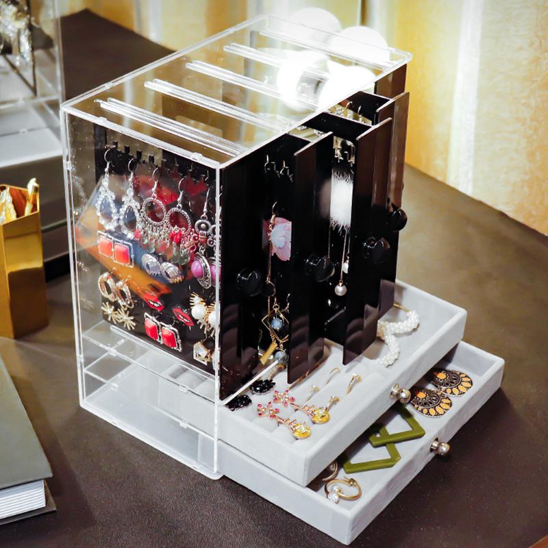 A Clear Earring And Necklace Display Case, Vintage Plastic Storage Case With Drawers For Bracelets, Rings And Accessories