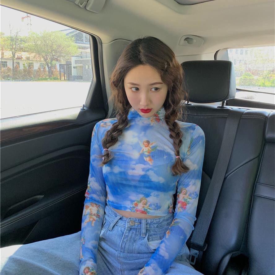 Sexy dámské tričko s dlouhým rukávem, průhledné síťované topy, průsvitné štíhlé dámské rolákové tričko