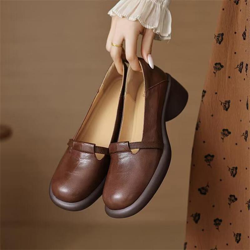 2025 New Commuter Women's Shoes Round Head Shallow Mouth Retro Platform One-pedal Single Shoes French Mary Jane Small Leather Shoes