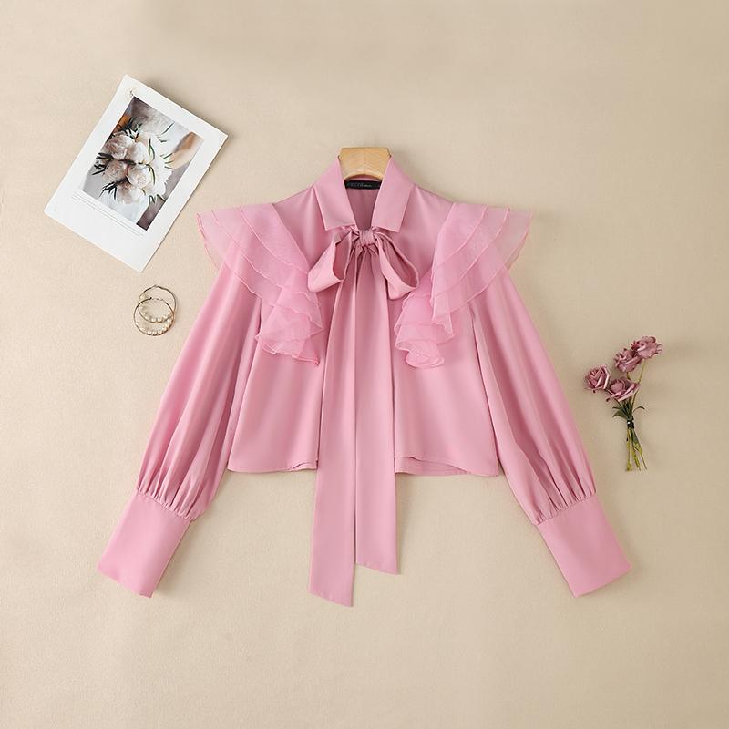 

ZANZEA Women Lapel Collar Casual Long Sleeve Ruffles Splice Blouse 5XL рожевий