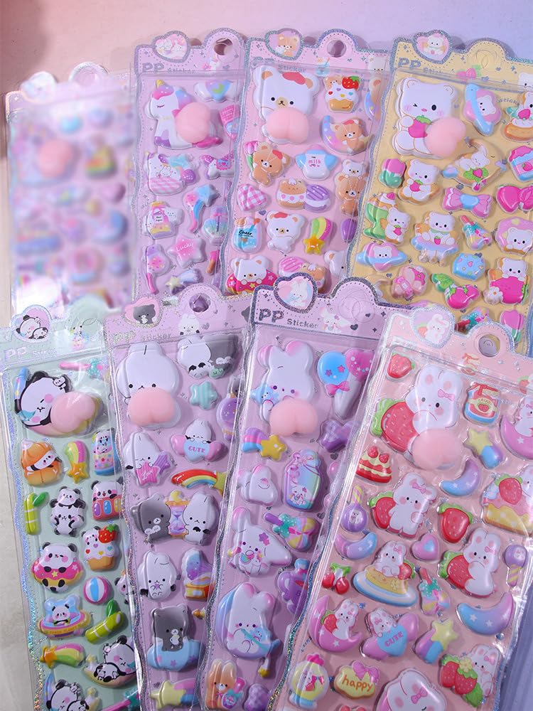 Set of 4 Squishy 3D Cute Reward Stickers for DIY and Panda Perfect for Diaries and Stress and Gifts Stickers, Decoration, Rabbit, Unicorn, Bear,