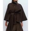 Fashion Solid Women's Lace Up Cape Coats Loose Stand Collar Batwing Sleeve Button Leisure Jackets