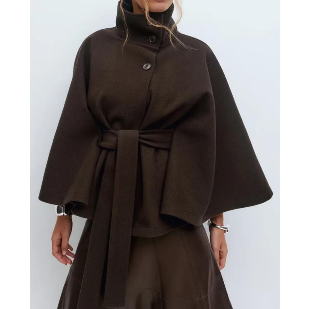 Fashion Solid Women's Lace Up Cape Coats Loose Stand Collar Batwing Sleeve Button Leisure Jackets