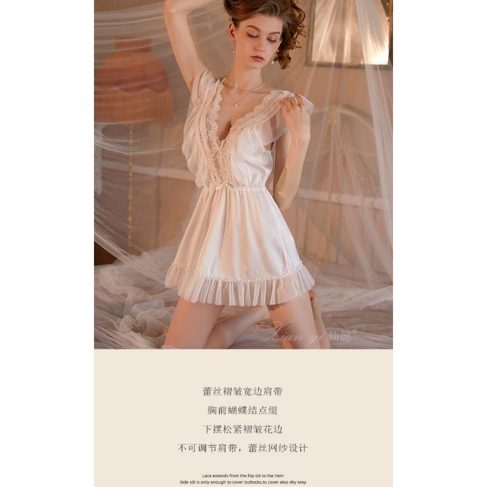 Xianyi Autumn and Winter Sexy Underwear Lace Princess Style Pajamas Women's Deep V Backless Satin Pajamas Loungewear Set 432