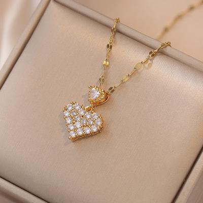Minimalist Heart-shaped Pendant Necklace for Women, New Style Titanium Steel Necklace with Full Zircon Stone for All Occasions