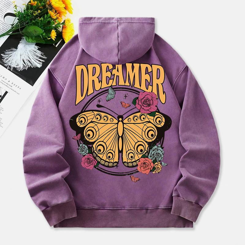 Vintage Butterfly Washed Hoodie Womens Dreamer Letter Cotton Sweatshirt Long Sleeves Pocket Oversize Hoody Clothes