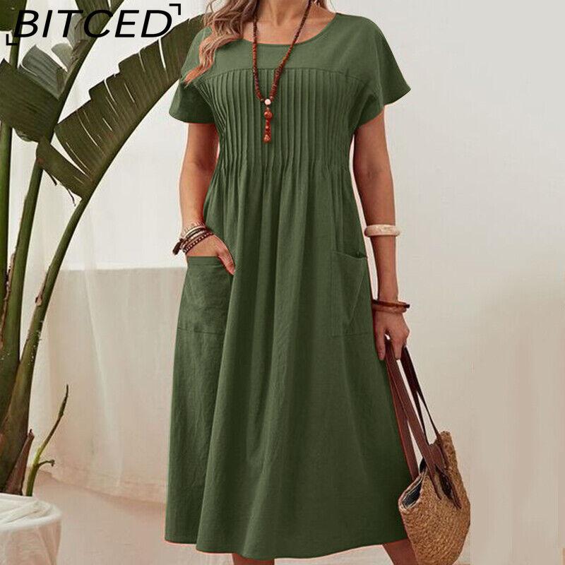 

BITCED Летнее женское платье больших размеров Длинное однотонное из хлопка и льна с круглым вырезом, карманами и плиссированными короткими рукавами XXXXXL